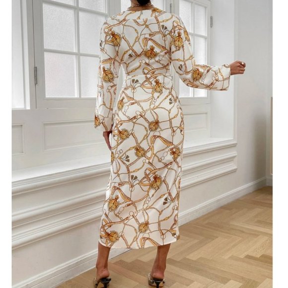 Tie Front Chain Print Asymmetrical Hem long sleeve Midi Dress - Picture 2 of 6